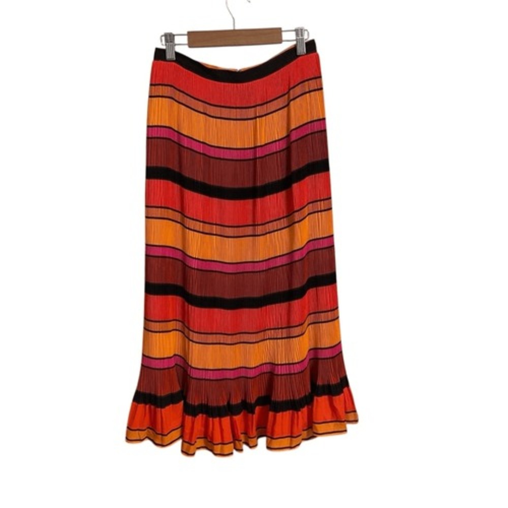 J.Crew Striped Pleated Midi Skirt Orange Red Pink Black Ruffle Hem Size 00